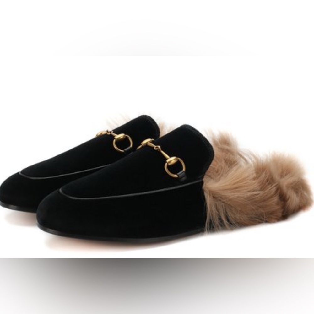 Black Suede Loafers with Gold Hardware and Real Fur, Size 38